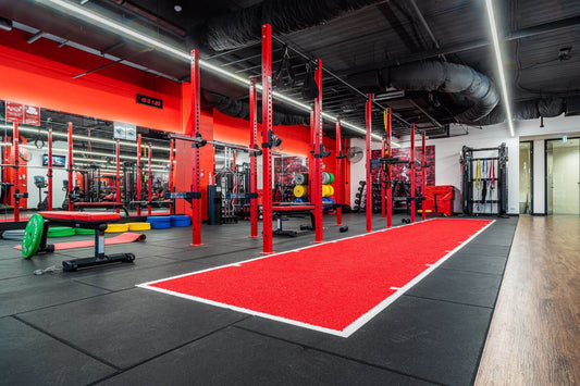 Ferrari Red commercial astro turf installed in gym - full view