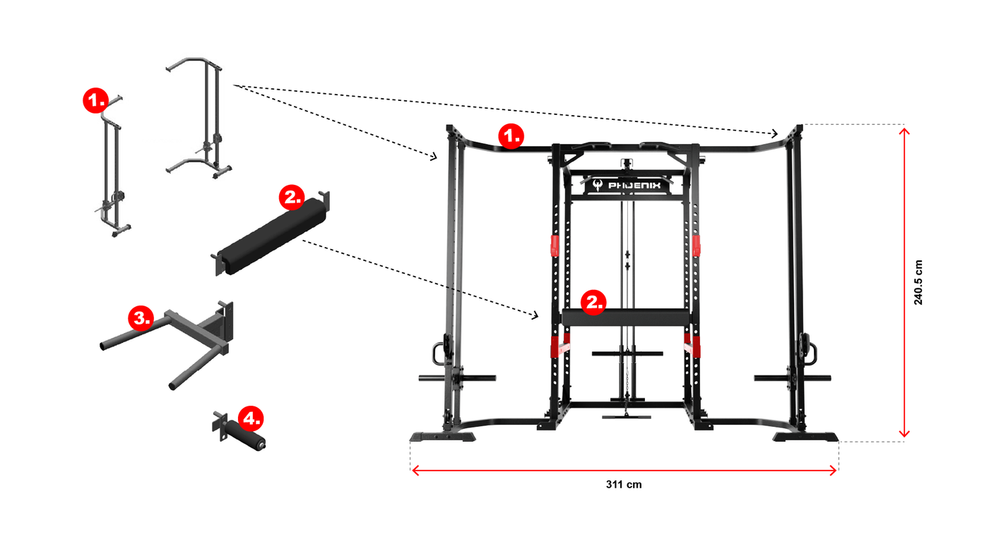 Phoenix LCPC Pro exploded parts diagram: cable crossover, hip thrust pad, dip bar and Bulgarian single leg roller