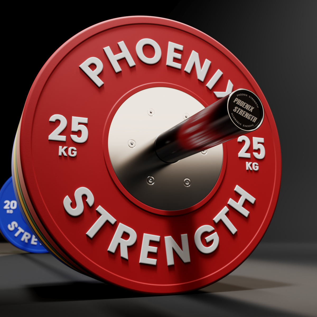 Phoenix PX Olympic barbell loaded with Phoenix 25kg plates, 9-bar barbell pack