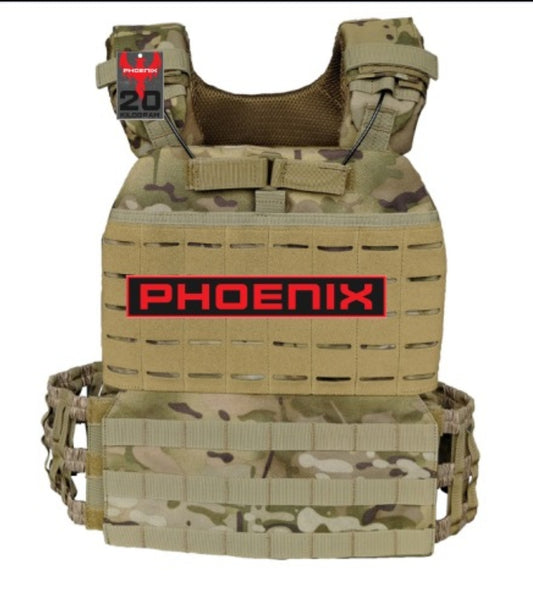 Phoenix Strength tactical plate carrier vest in multicam on white background